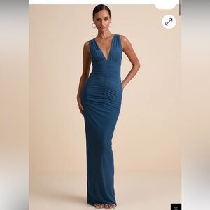 Lulu's Aveline Dark Slate Jersey Knit Runched Maxi
